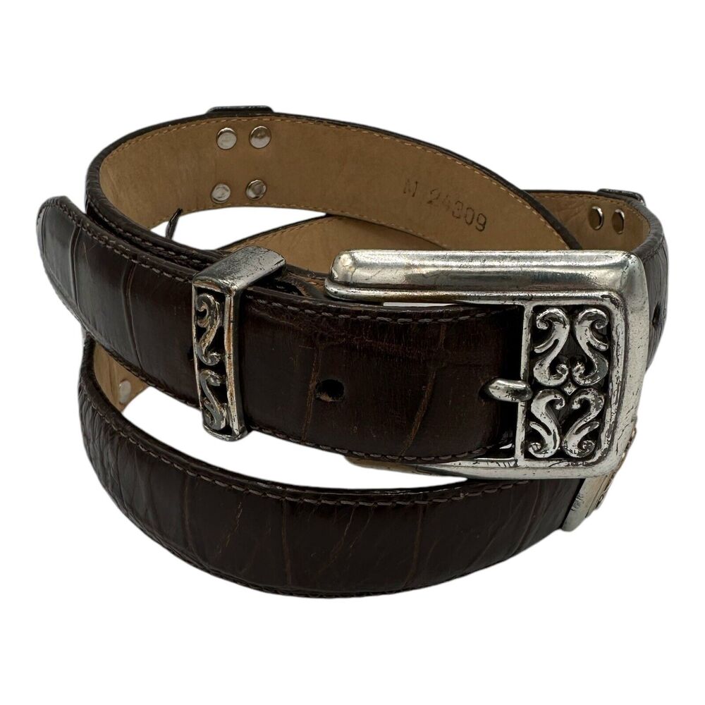 Brighton Belt Women 24309 Brown Leather Textured USA Silvertone Buckle 1" Size M
